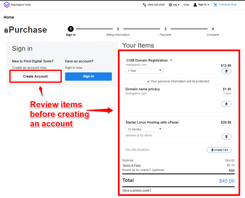 review items create new account