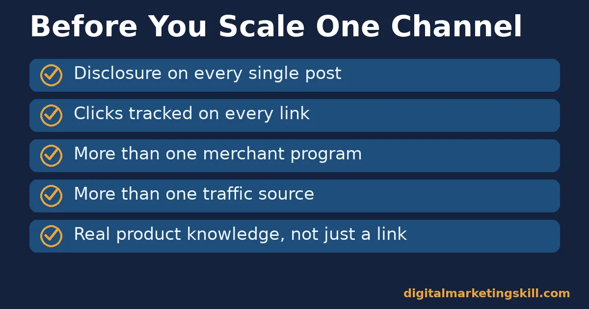 Affiliate marketer diversify-before-scale checklist Affiliate marketer checklist with five checks to complete before scaling one channel