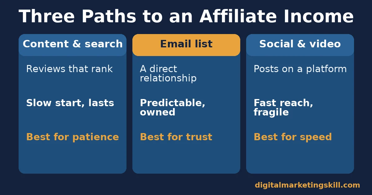 Three paths for an affiliate marketer Affiliate marketer comparison of content and search, email list, and social and video paths, with the trade-off of each