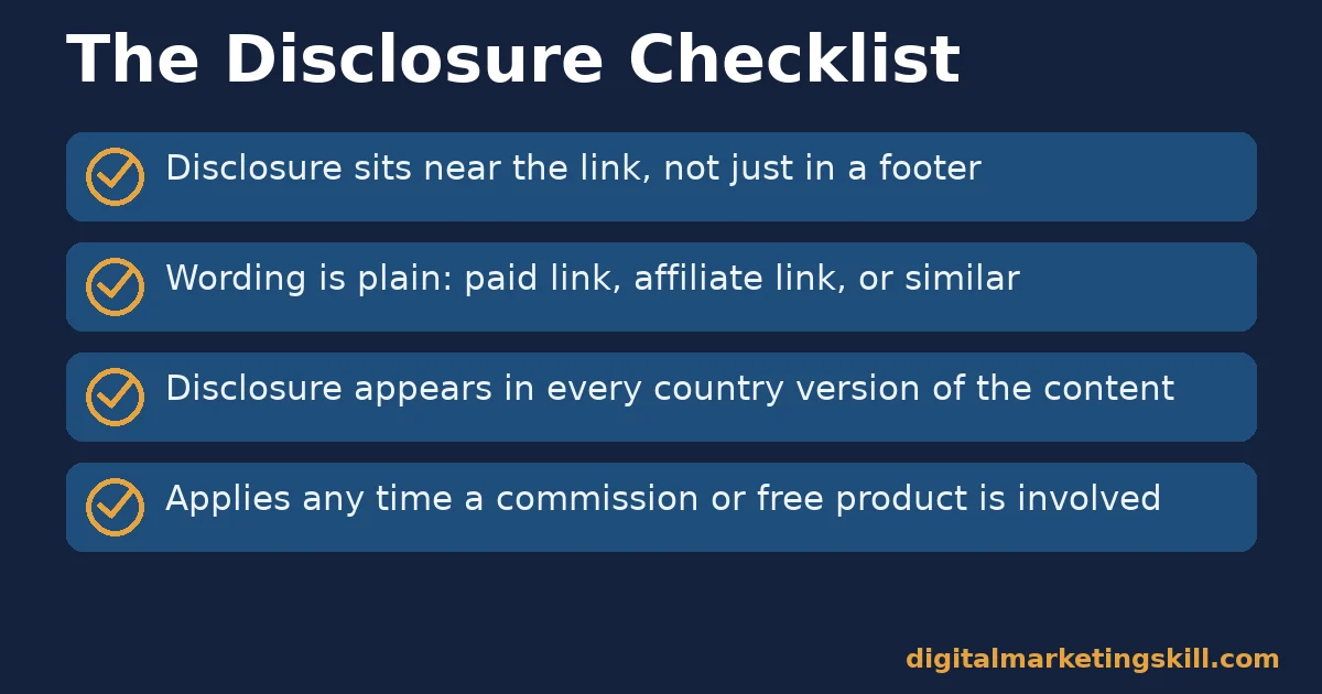 Checklist of four disclosure requirements for affiliate marketing content