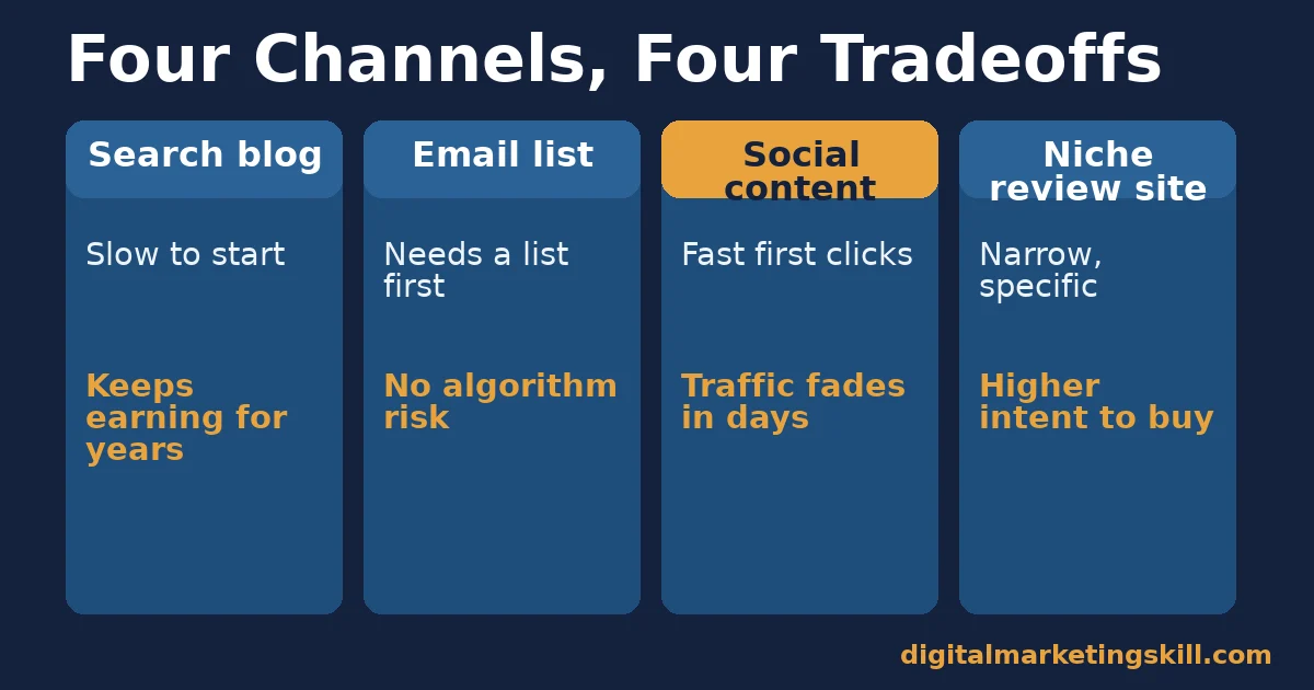 Comparison chart for affiliate marketing for beginners of search blogs, email lists, social content and niche review sites