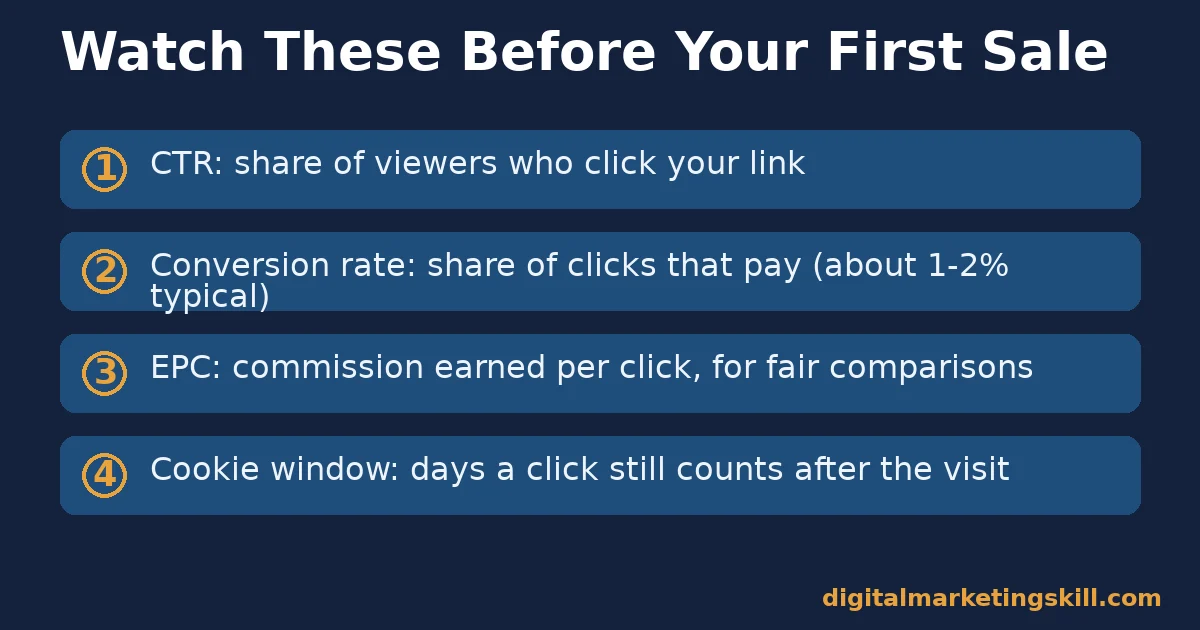 Checklist for affiliate marketing for beginners showing CTR, conversion rate, EPC and cookie window
