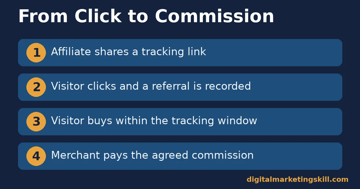Affiliate marketing guide commission flow Affiliate marketing guide diagram showing four steps from sharing a tracking link to the merchant paying a commission