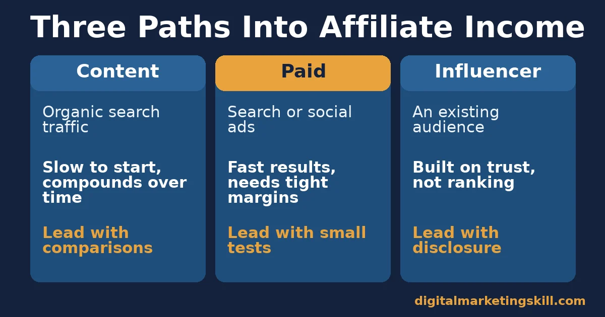 Affiliate marketing guide: three traffic paths Affiliate marketing guide comparison of three traffic paths: content, paid and influencer, what each is built on and how to lead with each