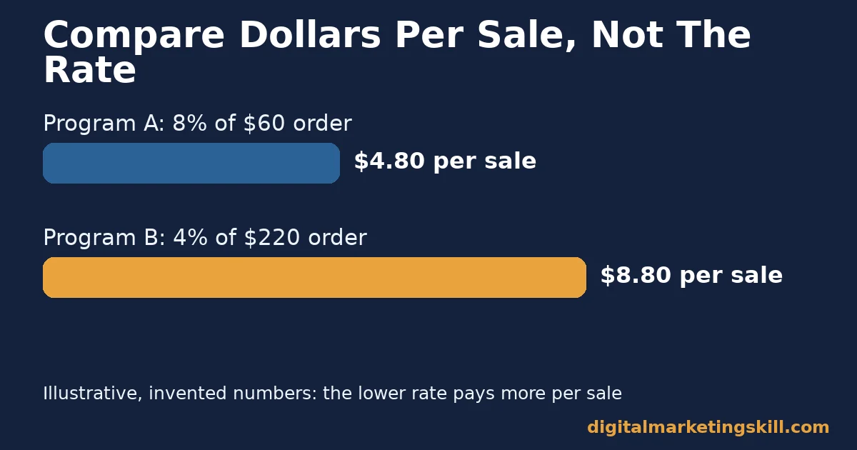 Bar chart comparing dollar commission per sale between two illustrative affiliate programs with different rates and order values