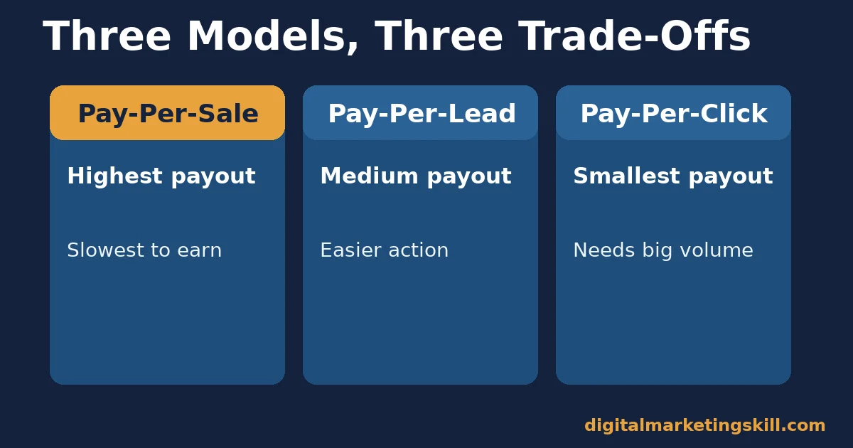 Comparison of pay-per-sale, pay-per-lead and pay-per-click affiliate marketing income trade-offs