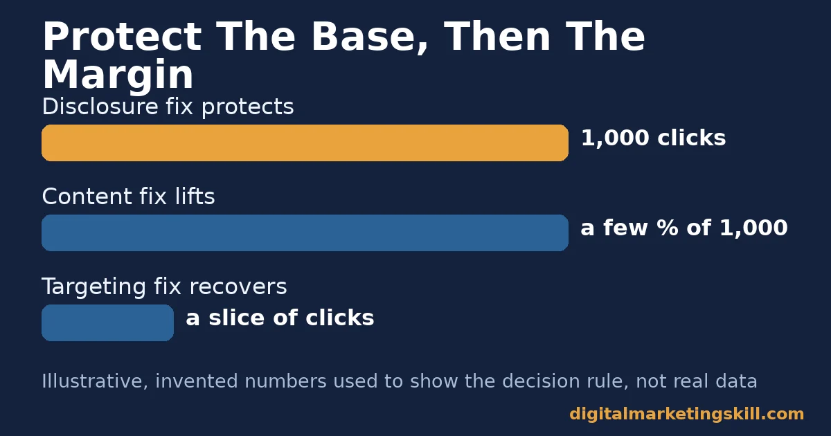 Affiliate marketing mistakes decision rule by volume Bar chart of affiliate marketing mistakes showing illustrative clicks protected or recovered by each type of fix