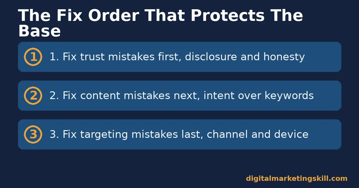 The order to fix affiliate marketing mistakes Checklist showing the order to fix affiliate marketing mistakes: trust, then content, then targeting