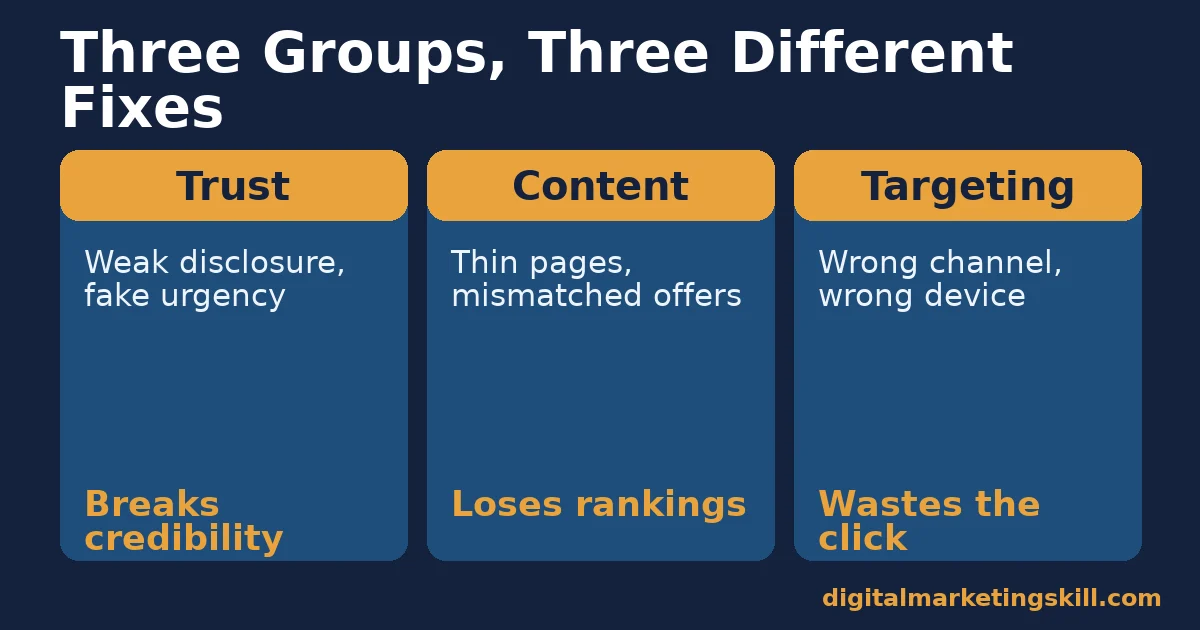 Three groups of affiliate marketing mistakes Diagram of affiliate marketing mistakes grouped into trust, content and targeting categories