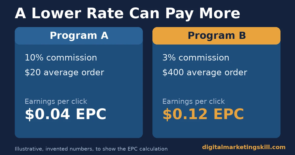 Illustrative comparison of two affiliate marketing programs by earnings per click (EPC)