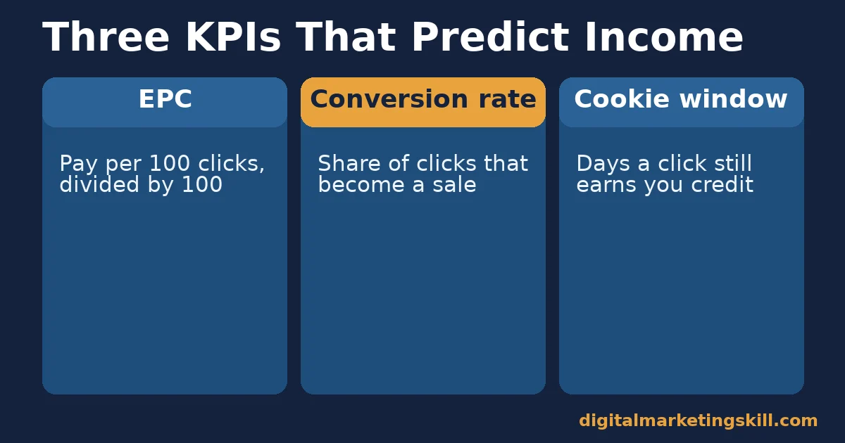 Three KPI cards defining EPC, conversion rate and cookie window for affiliate marketing programs