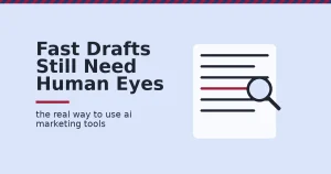 AI marketing tools guide image showing a document with text lines, one flagged in crimson under a magnifying glass