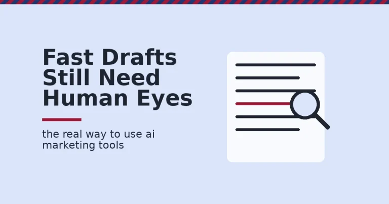 AI marketing tools guide image showing a document with text lines, one flagged in crimson under a magnifying glass