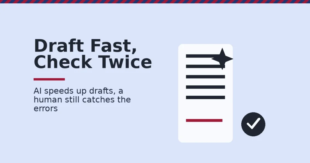 AI writing tools shown as a draft page with an AI sparkle and a human check mark confirming it