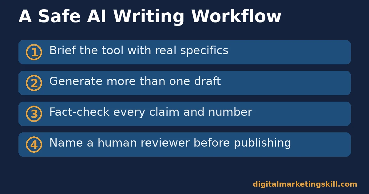 A safe AI writing tools workflow AI writing tools workflow checklist with four steps: brief with specifics, generate multiple drafts, fact-check every claim, name a human reviewer