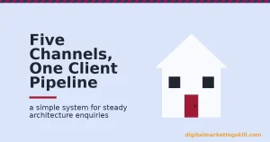 Illustration for architecture firm marketing showing a simple white building with one crimson door representing a single clear enquiry path
