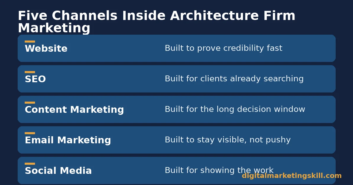 Diagram listing five channels in architecture firm marketing: website, SEO, content marketing, email marketing and social media, each with what it is built for