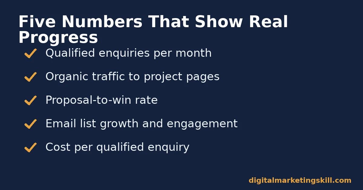 Checklist of five numbers that show architecture firm marketing is working: qualified enquiries, organic traffic, proposal-to-win rate, email list growth, and cost per qualified enquiry