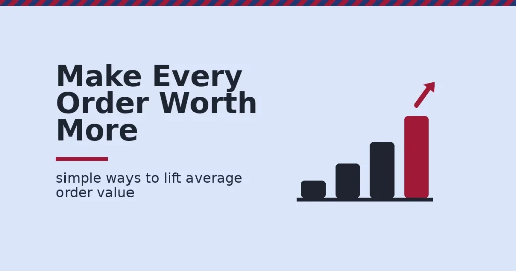 Average order value shown as a rising bar chart with the tallest bar in crimson and an upward arrow