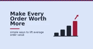 Average order value shown as a rising bar chart with the tallest bar in crimson and an upward arrow