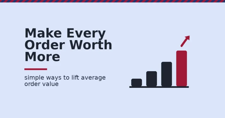 Average order value shown as a rising bar chart with the tallest bar in crimson and an upward arrow
