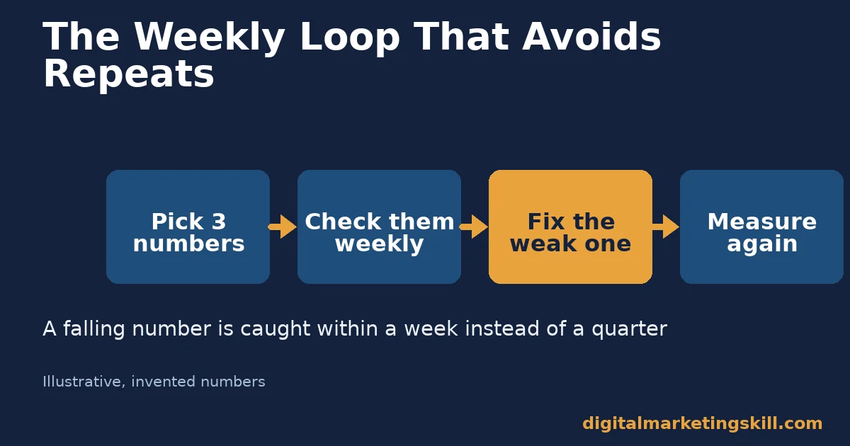 The weekly loop that helps teams avoid digital marketing mistakes Four-step diagram of picking three numbers, checking them weekly, fixing the weak one and measuring again to avoid digital marketing mistakes