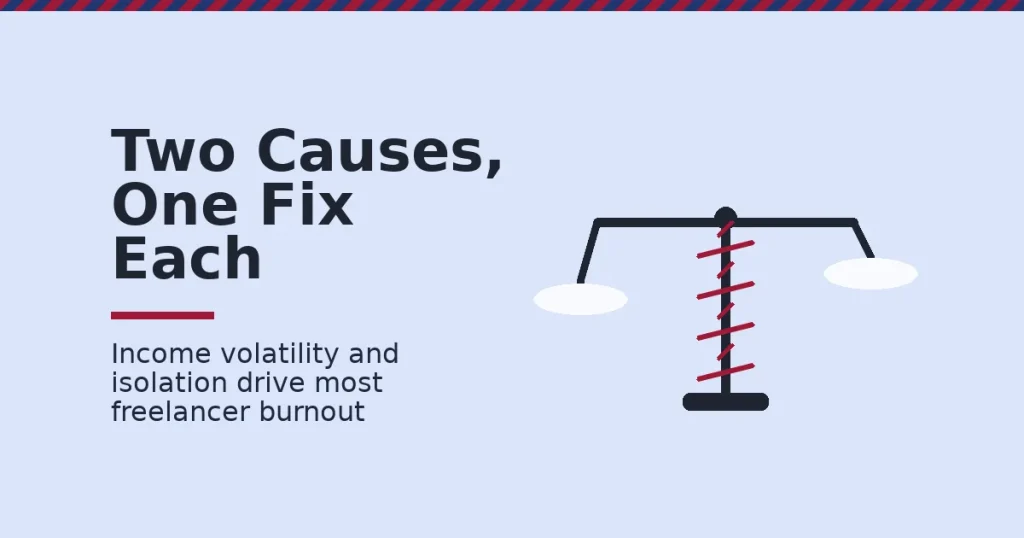 Avoid freelancer burnout illustration of a balance scale with income volatility and isolation on each side and a crimson crack between them