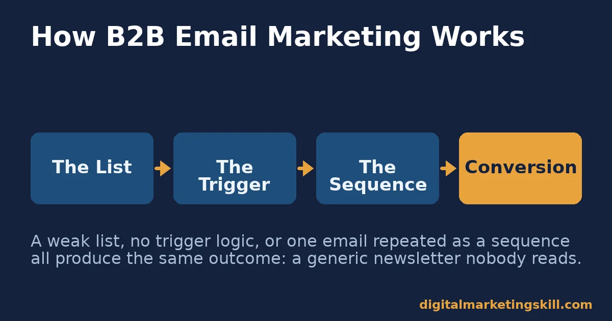Diagram showing the B2B email marketing mechanism: list, trigger, sequence, conversion