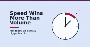 Clock illustrating B2B lead generation response time, with a crimson danger zone after 5 minutes and an escaping lead
