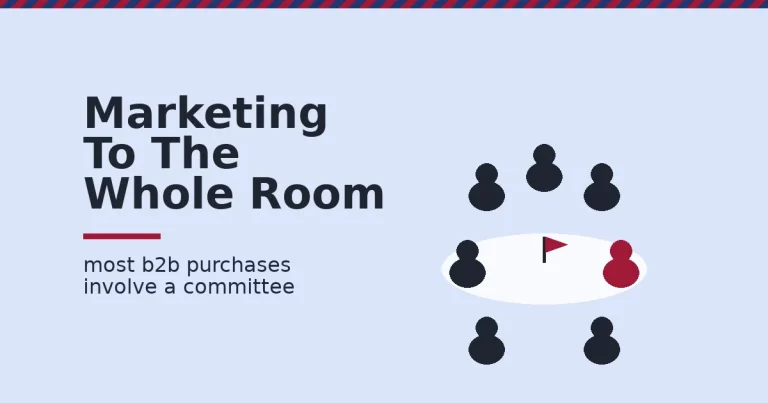 Illustration of B2B marketing showing a group of stakeholders around a table with one key decision-maker highlighted
