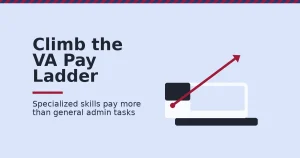 Become a virtual assistant illustration showing a desk with two ascending steps and a crimson arrow climbing from general admin to specialized pay