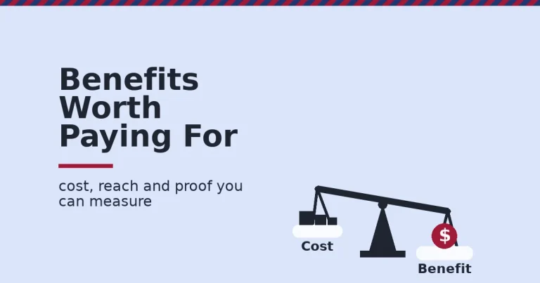 Benefits of digital marketing shown as a balance scale with cost weights on one side and one crimson coin outweighing them