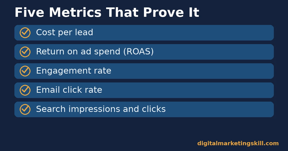 Benefits of digital marketing checklist of five metrics: cost per lead, ROAS, engagement rate, email click rate, search impressions and clicks