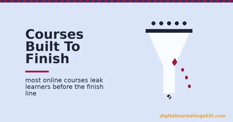 Illustration of a funnel showing how the best digital marketing courses keep learners from leaking out before the finish line
