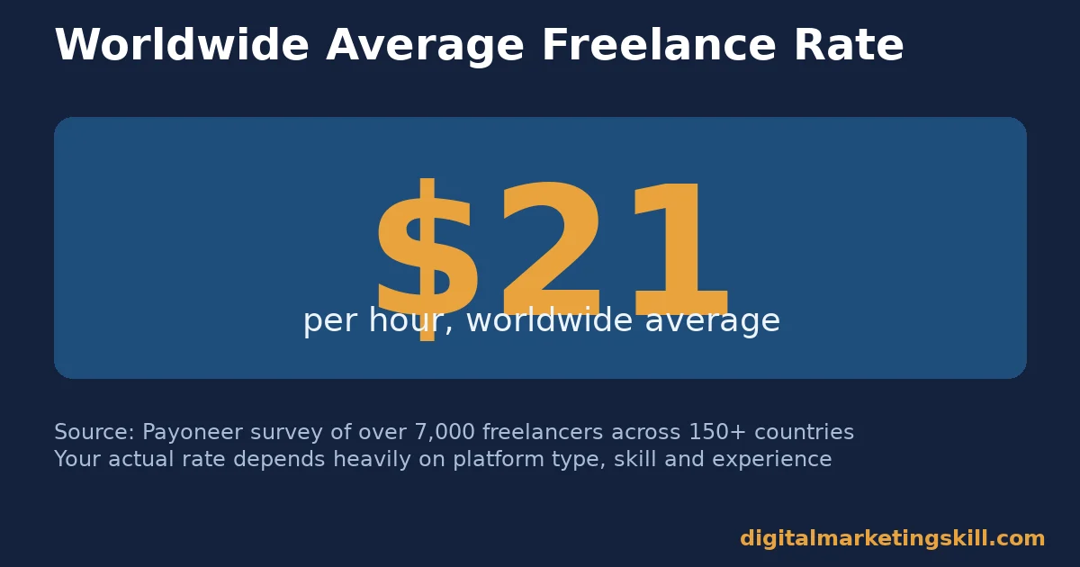 Best Freelance Websites: Worldwide Average Hourly Rate Stat card showing the worldwide average freelance hourly rate of 21 dollars from a Payoneer survey