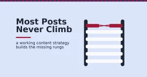 Blog content strategy shown as a ladder where most rungs are solid but the top rung is broken in crimson