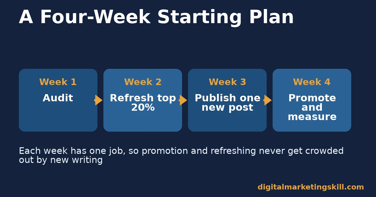 Blog content strategy four-week plan: audit, refresh the top twenty percent, publish one new post, then promote and measure