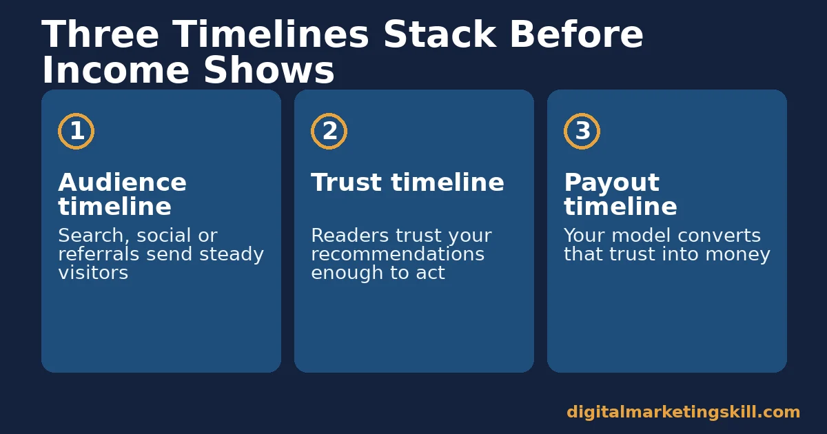 Blog income timeline diagram showing the audience timeline, trust timeline and payout timeline stacked before income appears