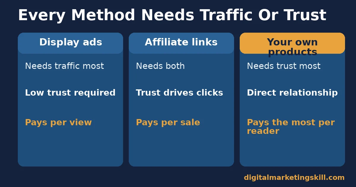 Traffic and trust behind blog monetization Comparison of display ads, affiliate links, and products showing how much traffic or trust each needs for blog monetization