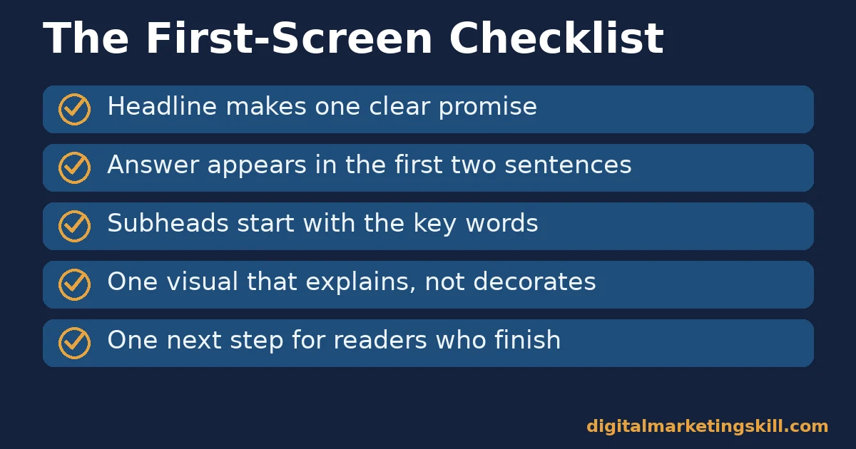 Blog readership checklist with five checks for the first screen of a post