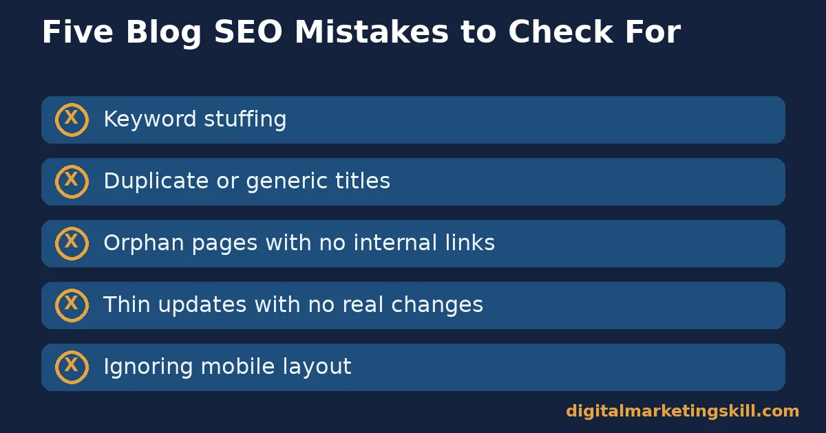 Blog SEO checklist of five mistakes: keyword stuffing, duplicate titles, orphan pages, thin updates and ignoring mobile layout