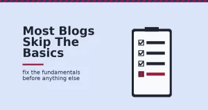 Clipboard illustration representing blogging fundamentals with one unfinished checklist item highlighted