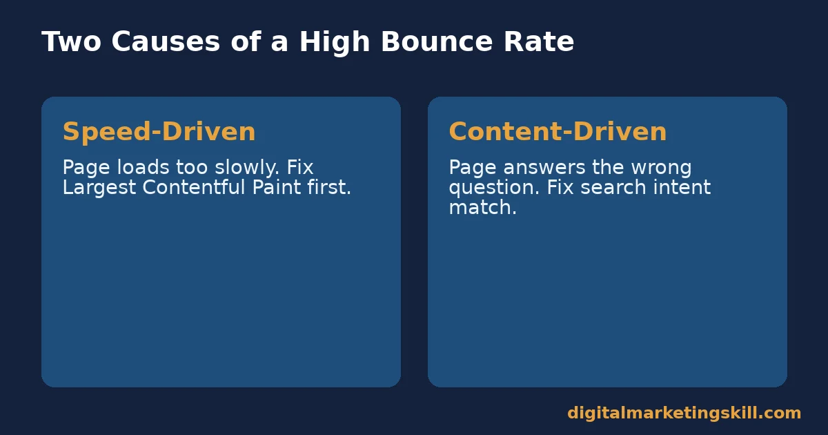 Bounce rate: speed-driven versus content-driven causes Bounce rate comparison of speed-driven causes fixed with page load time and content-driven causes fixed with search intent matching
