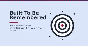 Brand advertising concept showing a bullseye target with a single crimson center hit, surrounded by scattered dark dots representing noise