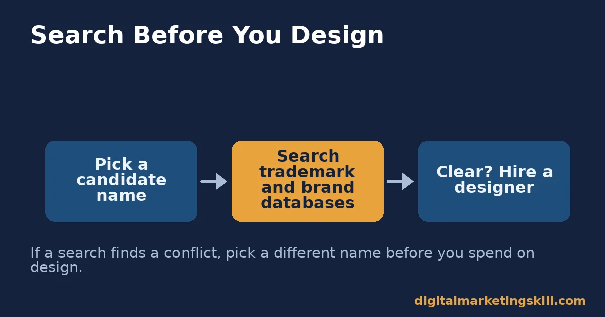 Three step flow for a brand identity strategy: pick a name, search trademark databases, then hire a designer