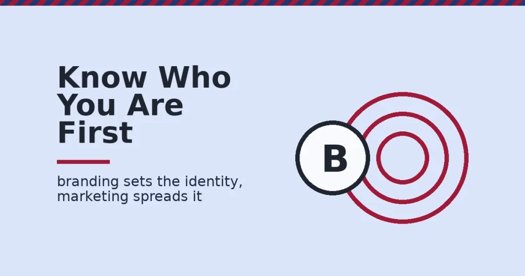 Branding vs marketing shown as a white identity seal with crimson broadcast waves spreading from it