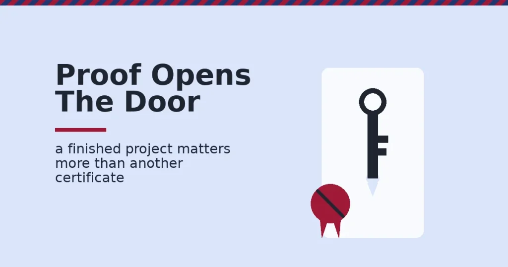 Break into digital marketing shown as a key fitting a door lock while a crossed-out certificate badge lies on the ground