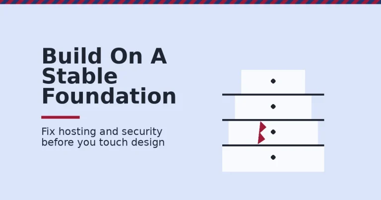 Illustration of stacked foundation blocks for how to build a WordPress website, with a crack in the security layer showing what happens when it is skipped