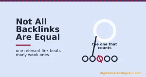 Build backlinks illustration showing one large link that counts above a row of small weak links, one of them broken and marked in red