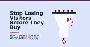 Business website essentials shown as a funnel where visitors leak out through a crack before reaching a sale